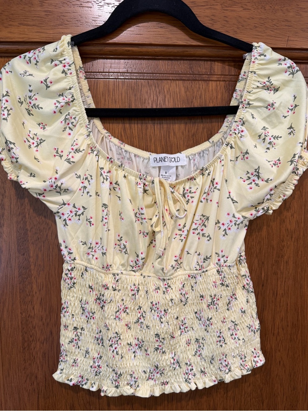 Planet Gold Pale Yellow Floral Smocked Peasant Blouse